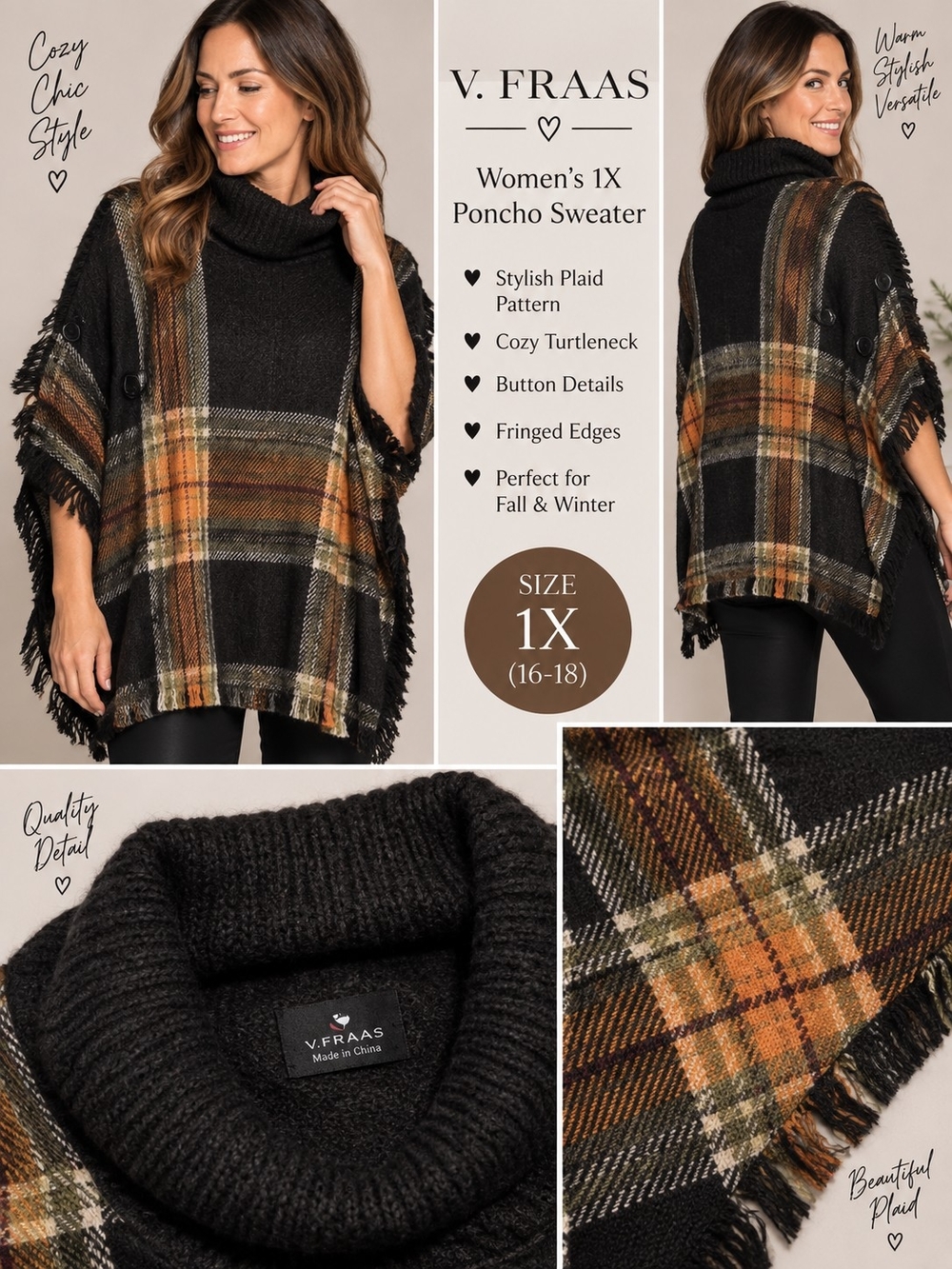 V. Fraas women's 1X black brown patterned poncho sweater #32